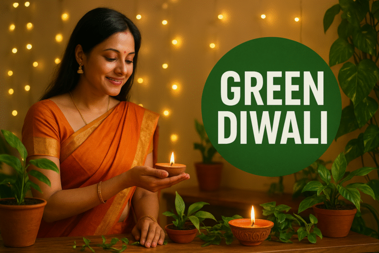 ग्रीन दिवाली में मिट्टी के दीयों से सजा हुआ घर