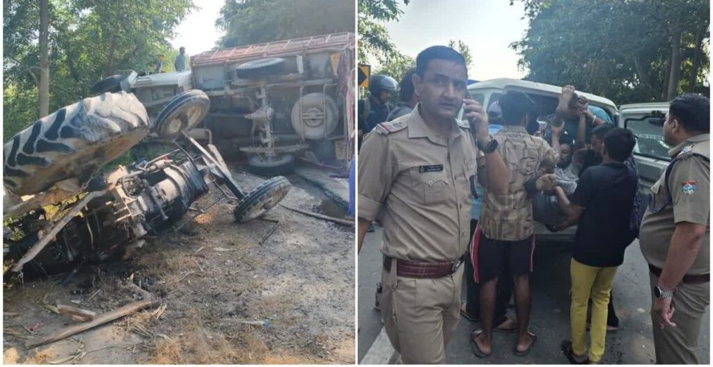Nanakmatta road accident site where tractor trolley overturned after pickup collision