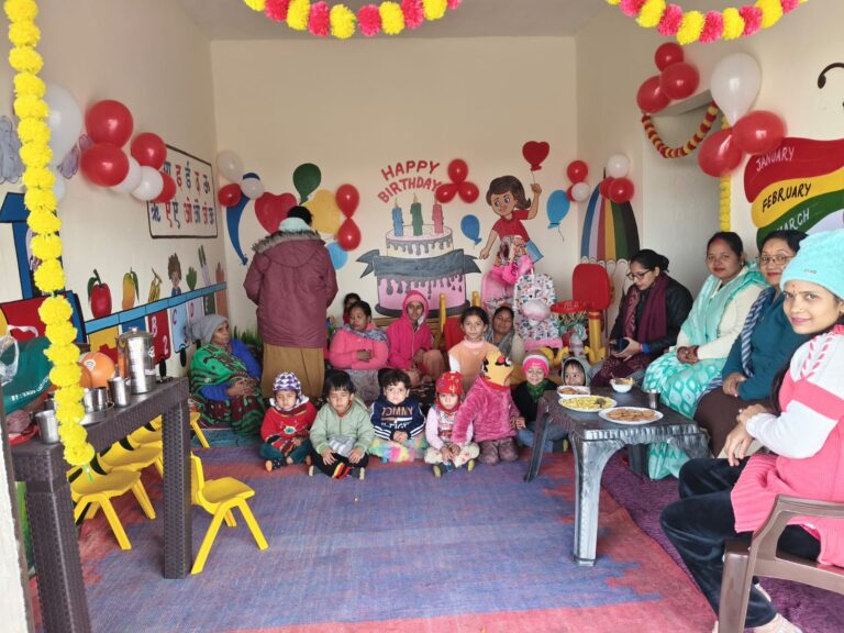 Inside an Anganwadi creche center in Uttarakhand, caregivers interacting with small children, kids playing with educational toys, colorful classroom वातावरण, safe and nurturing environment, natural lighting.
