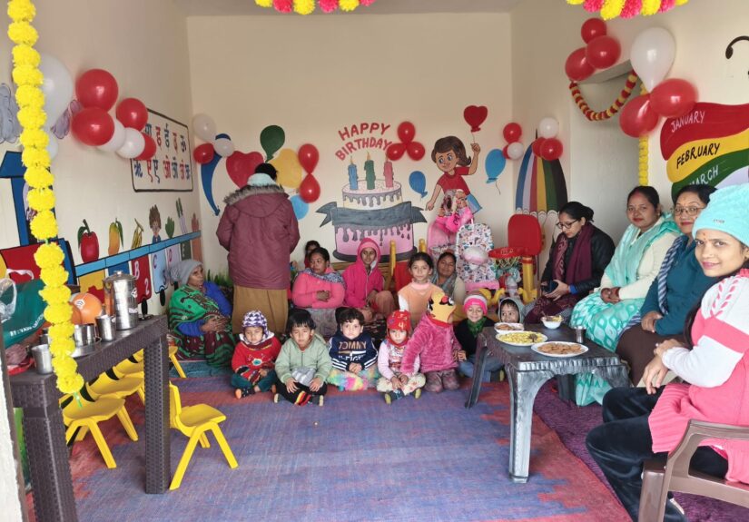 Inside an Anganwadi creche center in Uttarakhand, caregivers interacting with small children, kids playing with educational toys, colorful classroom वातावरण, safe and nurturing environment, natural lighting.