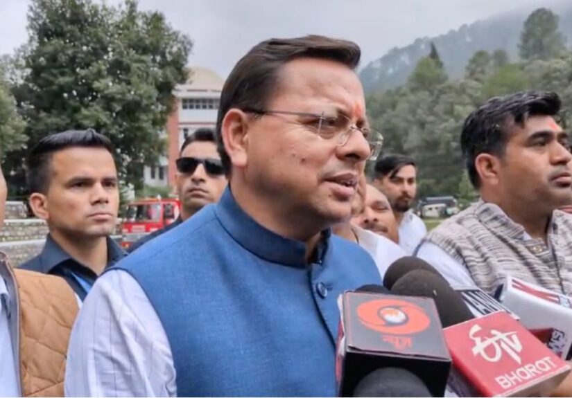 मुख्यमंत्री पुष्कर सिंह धामी भीमताल में मीडिया से बातचीत करते हुए।
