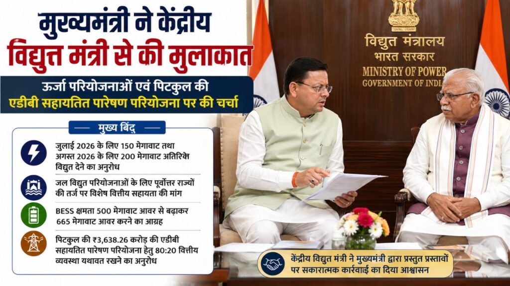 मुख्यमंत्री पुष्कर सिंह धामी नई दिल्ली में केंद्रीय विद्युत मंत्री मनोहर लाल खट्टर के साथ उत्तराखंड की ऊर्जा परियोजनाओं पर चर्चा करते हुए