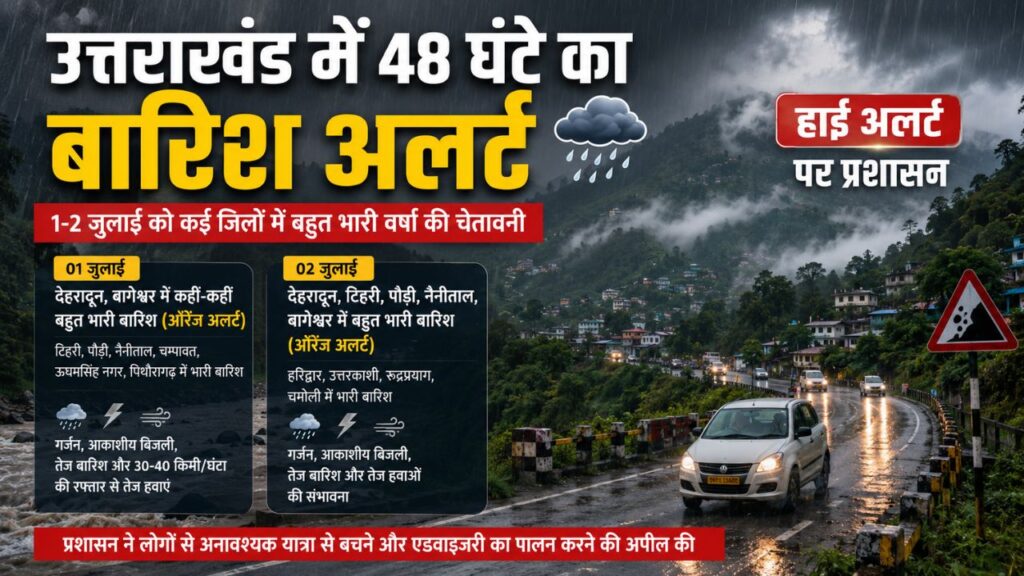 उत्तराखंड में भारी बारिश के ऑरेंज अलर्ट के बीच पहाड़ी क्षेत्र में घने बादल और तेज वर्षा का दृश्य।