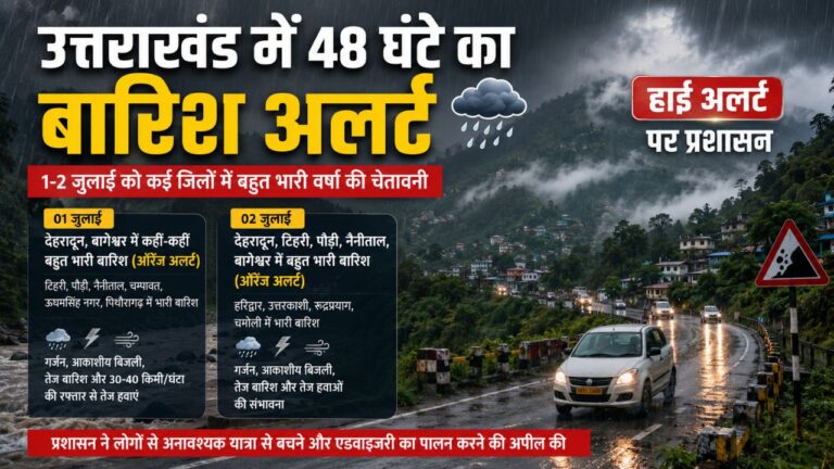 उत्तराखंड में भारी बारिश के ऑरेंज अलर्ट के बीच पहाड़ी क्षेत्र में घने बादल और तेज वर्षा का दृश्य।
