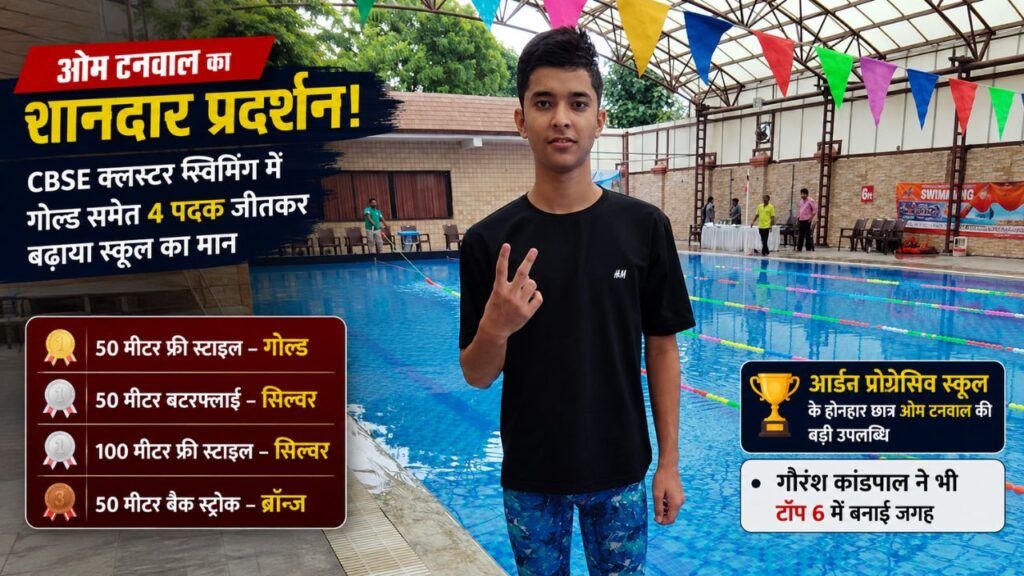 आर्डन प्रोग्रेसिव स्कूल के छात्र ओम टनवाल ने CBSE क्लस्टर नॉर्थ जोन स्विमिंग प्रतियोगिता में गोल्ड समेत चार पदक जीते