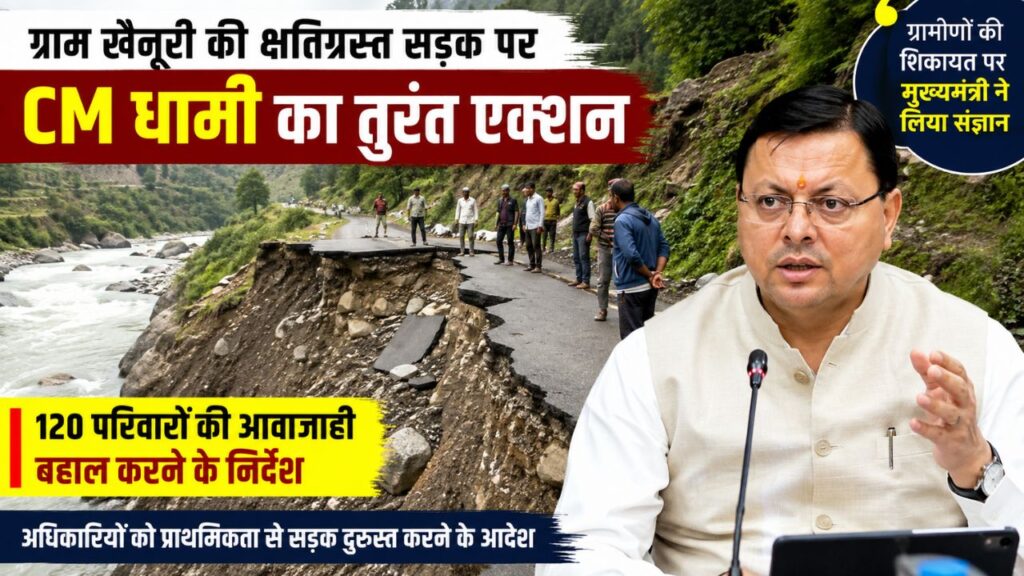 चमोली के ग्राम खैनूरी की आपदा से क्षतिग्रस्त सड़क और मुख्यमंत्री पुष्कर सिंह धामी