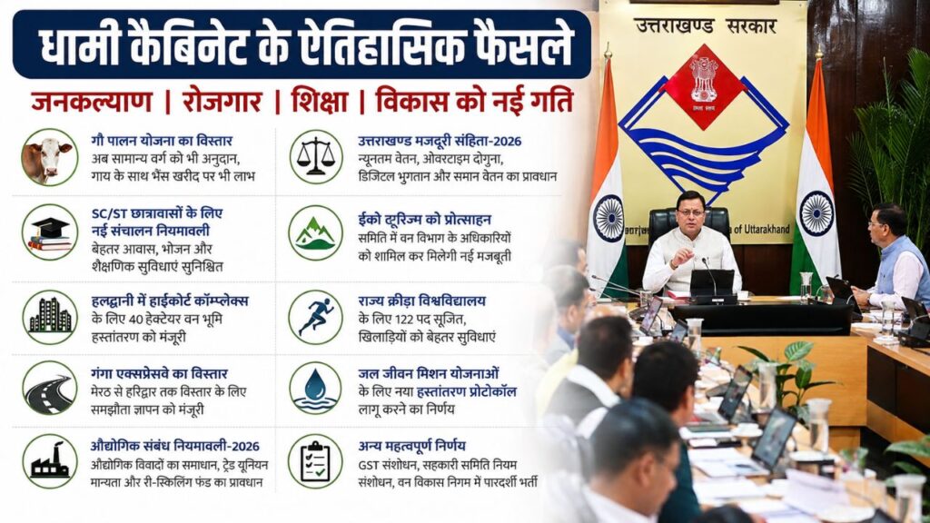 मुख्यमंत्री पुष्कर सिंह धामी की अध्यक्षता में हुई उत्तराखंड कैबिनेट बैठक के बाद बड़े फैसलों की जानकारी देते अधिकारी।